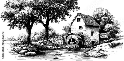 Vintage watermill scene with turning wheel by stream for retro design