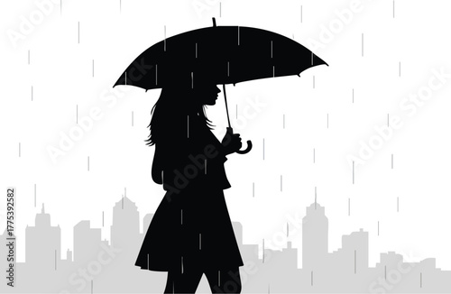 Silhouette of a woman holding an umbrella in the rain against a city skyline