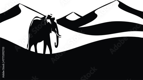 Majestic elephant walks across vast desert landscape at sunset with rolling dunes