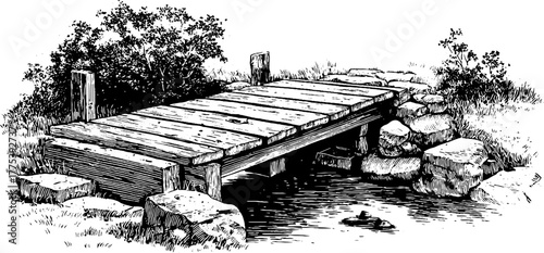 Rustic wooden bridge over stream in vintage engraving style - ideal for outdoor scene design