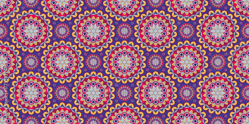 Seamless pattern with traditional Indian floral ornament for fabric swatch or wrapping paper. Vector abstract kaleidoscopic background