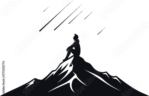 Person silhouetted against a vast night sky filled with shooting stars, contemplating from a mountaintop.