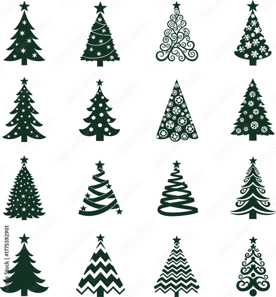 Obraz premium Collection of sixteen diverse stylized christmas trees in various festive designs and silhouettes