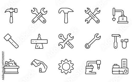  Collection of hand drawn industrial tools and machinery icons in a simple line art style