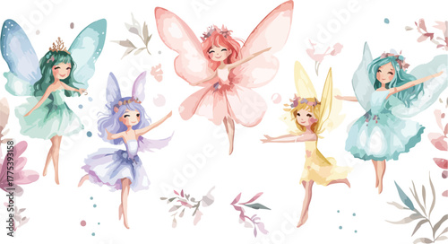 Enchanting watercolor illustration of five whimsical fairies with delicate wings and floral accents