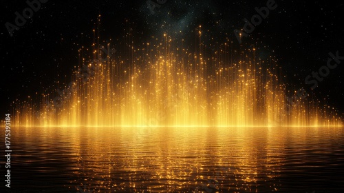 Golden light bursts over a still body of water