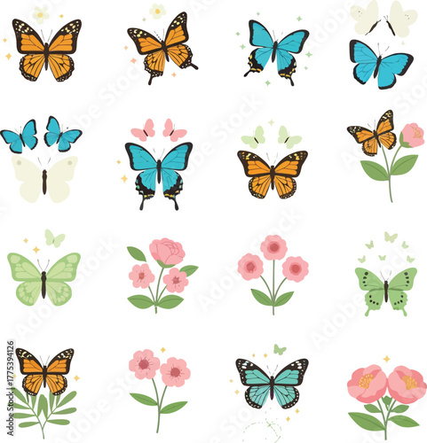 Collection of colorful butterflies and delicate floral illustrations on a clean white background