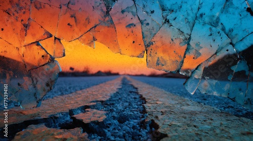 landscape seen through broken glass at sunset