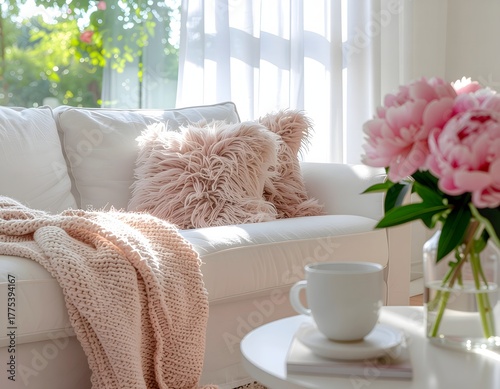 A cozy minimalist living room, with beautiful pink ornaments.

