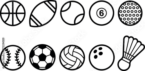 Collection of various sports ball illustrations in a minimalist design style