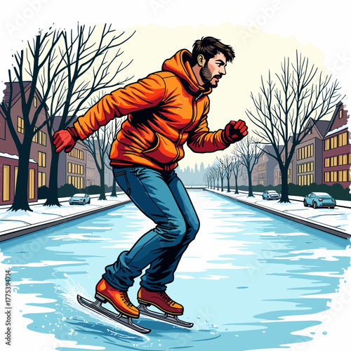 Skater on frozen canal, enjoying winter vibes, gliding effortlessly past snow-covered houses