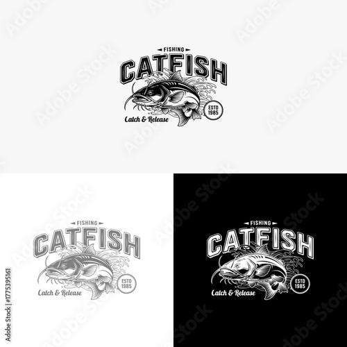 Detailed monochrome illustration of a catfish for a fishing club logo, vintage style emblem with catch and release slogan