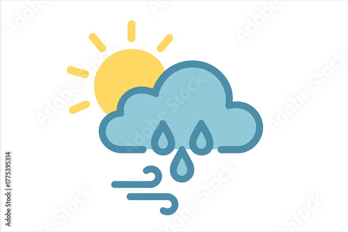 Bright sun partially obscured by a rain cloud with falling raindrops and strong wind gusts below