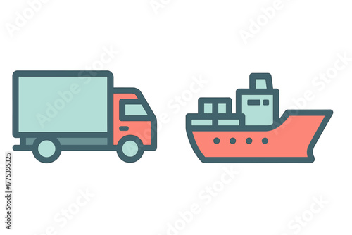 Commercial freight transportation icons showing a delivery truck and ocean cargo ship for global shipping logistics
