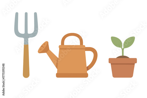 Essential gardening tools including watering can and small potted seedling