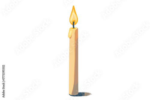 Single lit beige wax candle with a bright yellow flame casting a soft shadow on a white surface