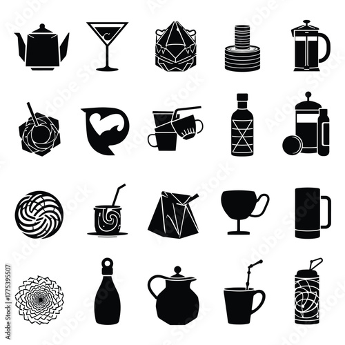 High Quality Silhouette Icons of Various Coffee Mugs Teapots and Juice Cups Bundle