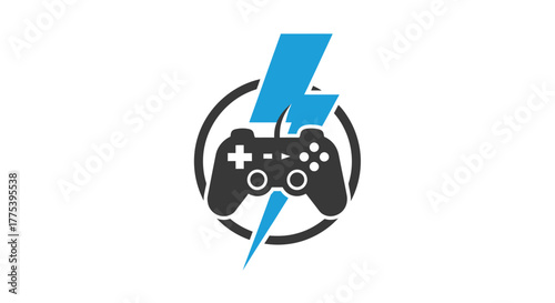 Dynamic gaming controller logo with vibrant electric bolt signifies power and speed, perfect for esports branding and gaming innovation.