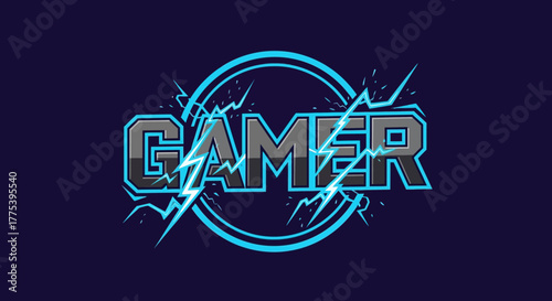 Dynamic 'GAMER' text logo with electric blue lightning and circular frame, perfect for esports branding and gaming channels