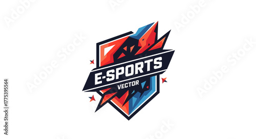 Dynamic E-Sports emblem design with sharp angles and vibrant red and blue accents, perfect for gaming brands and competitive teams.