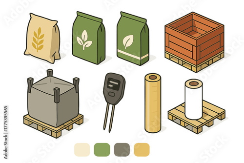 Isometric set of farming and agricultural supplies including fertilizer bags, grain sack, wooden crate, and soil meter