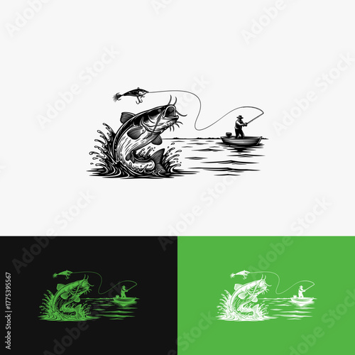 Detailed etching depicting a fisherman reeling in a large catfish from a small boat at sea