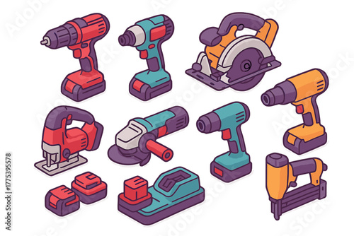 Isometric set of cordless electric power tools for construction and home repair