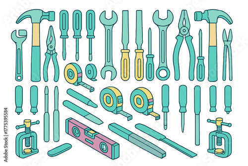 Isometric set of repair and building instruments for construction and home renovation