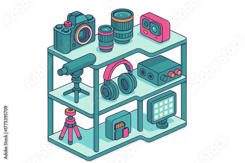 Isometric display of professional photography, videography, and audio production equipment