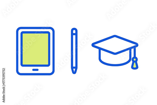 Blue line icons set for digital education featuring tablet, stylus pen, and graduation cap