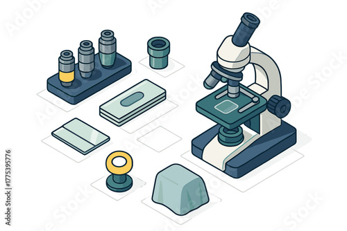 Isometric view of a compound microscope disassembled with objective lenses and glass slides for scientific research