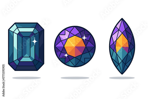 Three colorful precious gems with geometric facets and sparkling highlights on white background