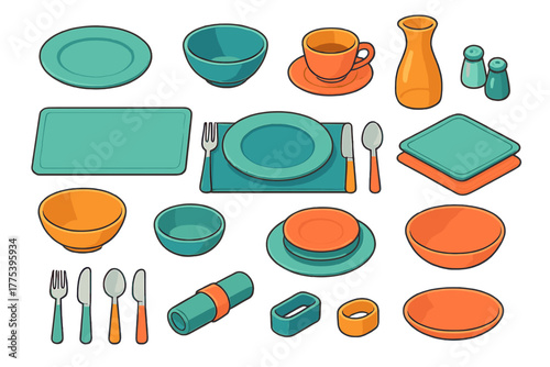 Colorful collection of dinnerware including plates, bowls, cups, and cutlery on white background