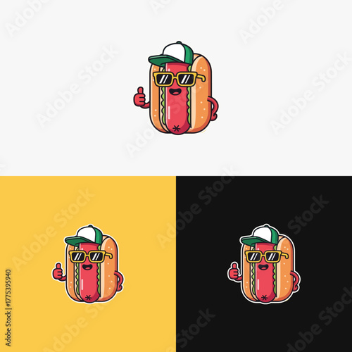 Cool Hotdog Cartoon Character with Sunglasses and a Cap on a Background Set