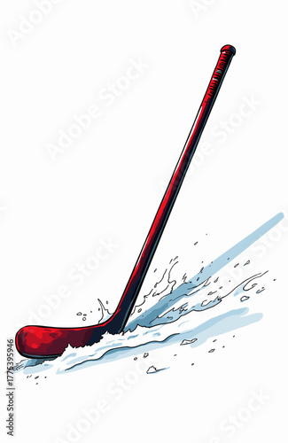 Hockey stick in snow, showcasing winter sports equipment, colorful red design, active lifestyle
