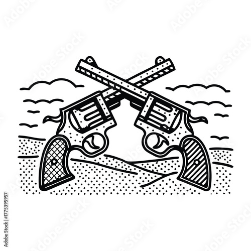 Crossed vintage revolvers above sandy ground western duel, retro pistols, cowboy shootout symbol, classic firearm illustration

