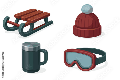 Classic wooden sled, knitted beanie hat, insulated mug, and protective ski goggles set