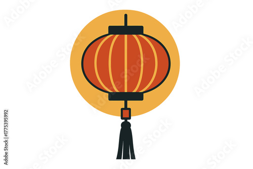 Traditional red Chinese lantern with tassel on warm yellow circular background