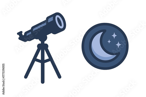 Telescope on tripod observing the night sky with crescent moon and sparkling stars
