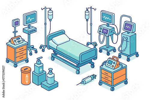 Essential medical equipment set for hospital intensive care unit featuring bed, monitors, and life support