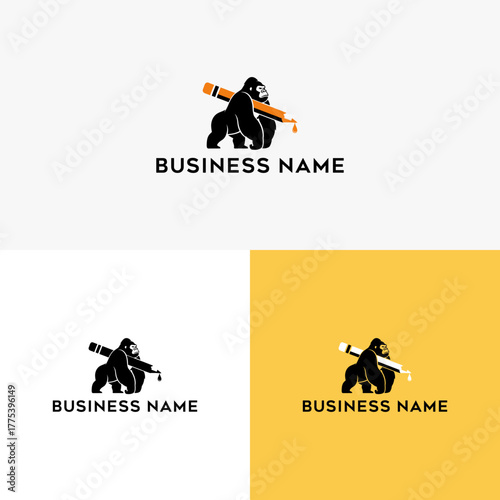 Gorilla artist illustration, creative logo concept design for brand identity with a pencil