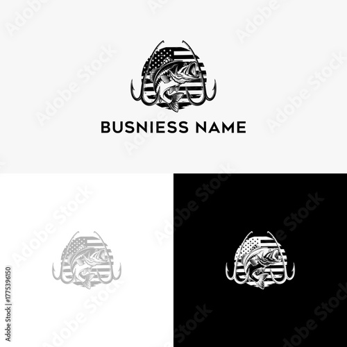 Fishing Logo Featuring American Flag Bass and Hooks for Sport Fishing Business