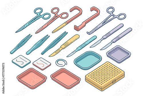 Isometric set of essential surgical instruments including scalpels scissors and forceps