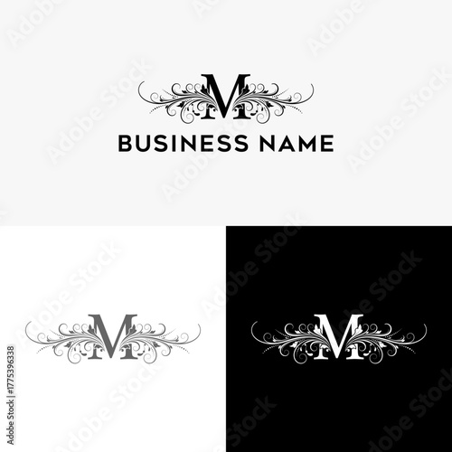 Elegant letter M logo design with floral ornamentation for brand identity creation