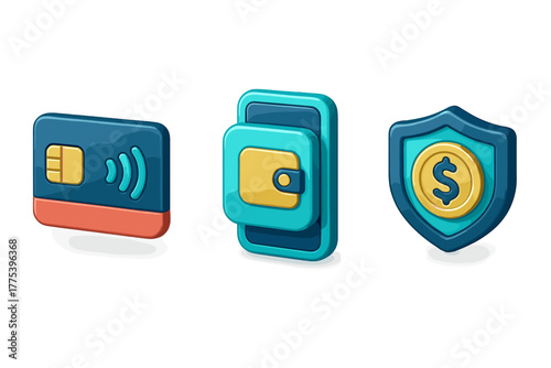 Modern set of financial icons featuring contactless card, mobile wallet, and security shield