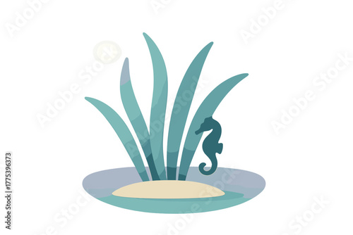 Stylized seahorse silhouette hiding among tall green seagrass on a small underwater sandy patch