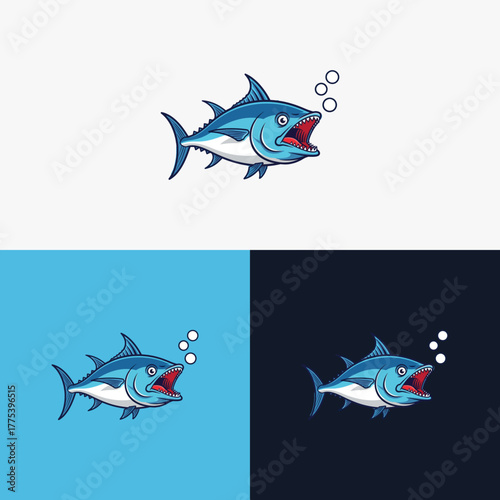 Cartoon Tuna Fish Illustration with Bubbles against a Contrasting Background