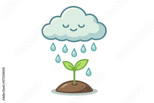 Cute cartoon cloud raining water droplets on a small green plant sprout growing from the soil