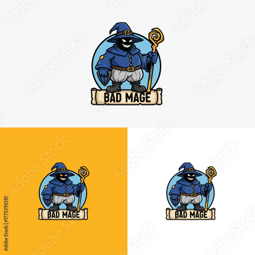 Whimsical bad mage character illustration in various contexts and presentations