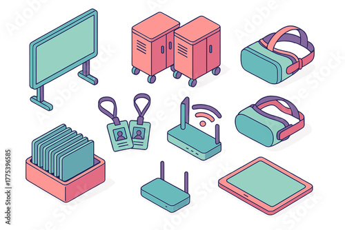Isometric set of modern technology and office equipment including VR headsets, routers, monitor, and ID badges